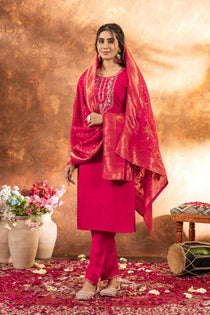 Thread Hand Work Straight Kurti Pant Dupatta Set