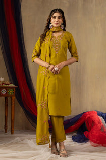 Mustard Roman Silk Embroidered Kurta Pant Set with Chanderi Silk Dupatta