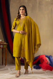 Mustard Roman Silk Embroidered Kurta Pant Dupatta Set