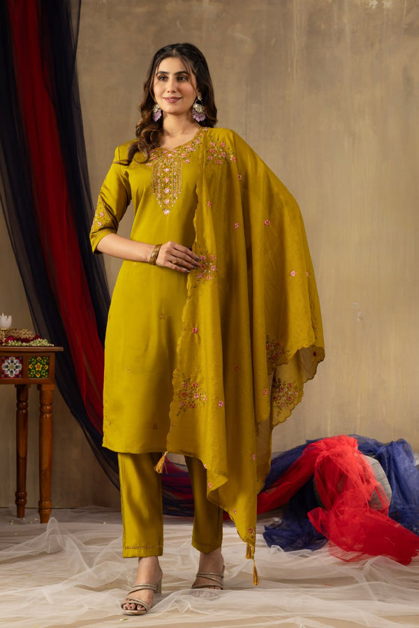 Multi Embroidery Thread Hand Work Kurti Pant Dupatta Set