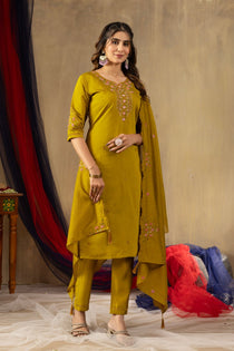 Mustard Roman Silk Embroidered Kurta Pant Dupatta Set