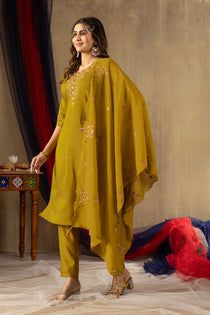 Mustard Roman Silk Embroidered Kurta Pant Dupatta Set