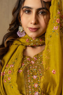 Mustard Roman Silk Embroidered Kurta Pant Dupatta Set