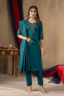 Mustard Roman Silk Embroidered Kurta Pant Dupatta Set
