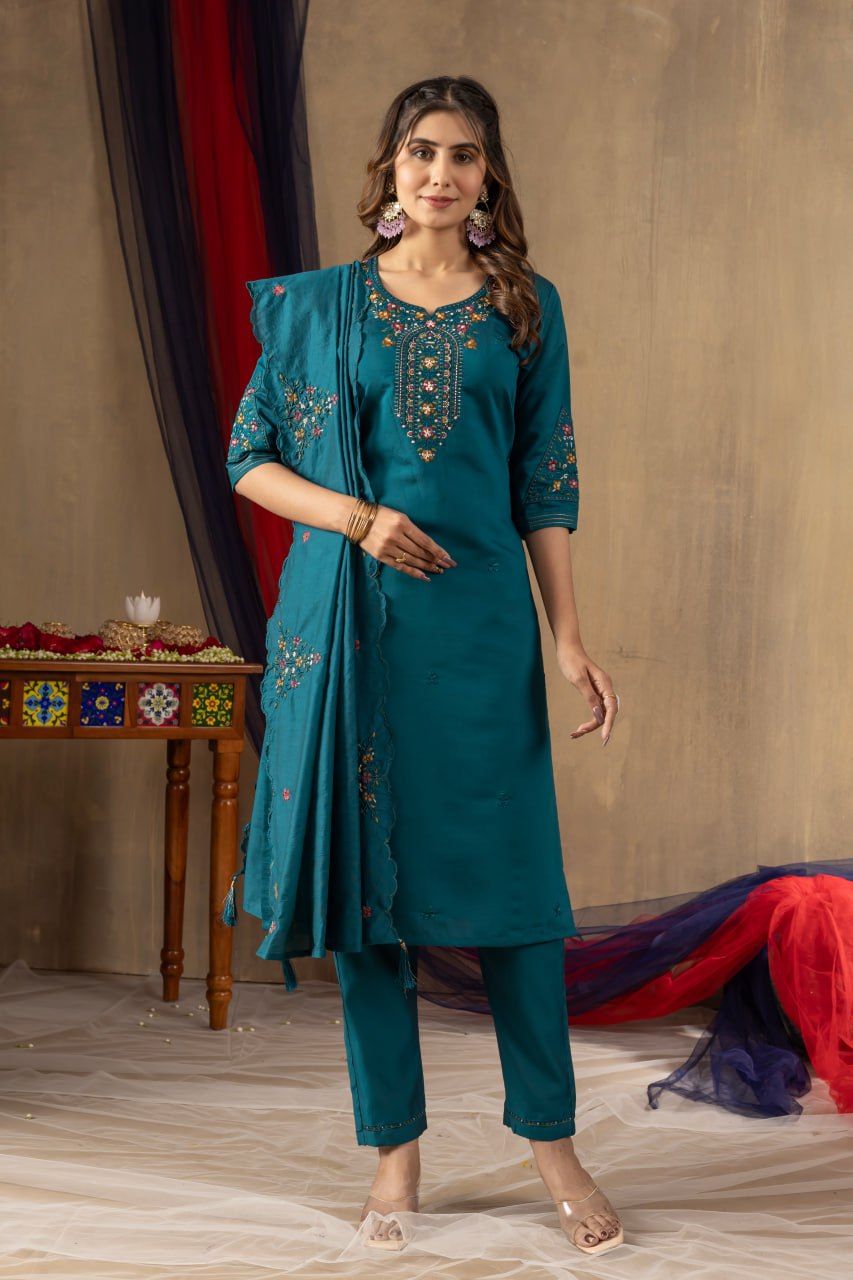 Multi Embroidery Thread Hand Work Kurti Pant Dupatta Set