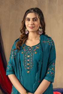 Mustard Roman Silk Embroidered Kurta Pant Dupatta Set