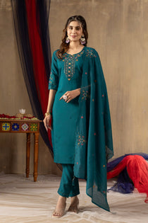 Mustard Roman Silk Embroidered Kurta Pant Dupatta Set