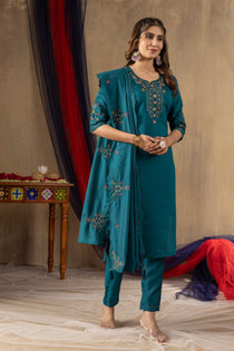 Mustard Roman Silk Embroidered Kurta Pant Dupatta Set