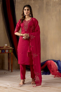 Mustard Roman Silk Embroidered Kurta Pant Dupatta Set