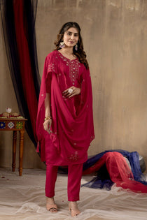Mustard Roman Silk Embroidered Kurta Pant Dupatta Set