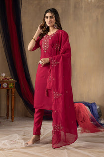 Mustard Roman Silk Embroidered Kurta Pant Dupatta Set