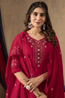 Mustard Roman Silk Embroidered Kurta Pant Dupatta Set