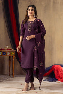 Mustard Roman Silk Embroidered Kurta Pant Dupatta Set