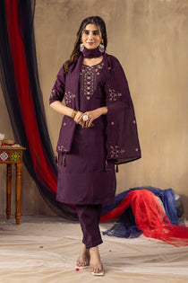 Mustard Roman Silk Embroidered Kurta Pant Dupatta Set