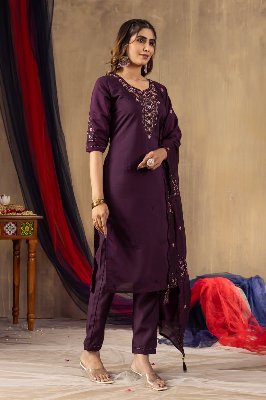 Multi Embroidery Thread Hand Work Kurti Pant Dupatta Set