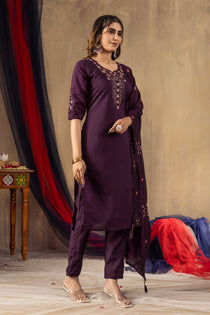 Mustard Roman Silk Embroidered Kurta Pant Dupatta Set