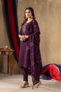 Mustard Roman Silk Embroidered Kurta Pant Dupatta Set