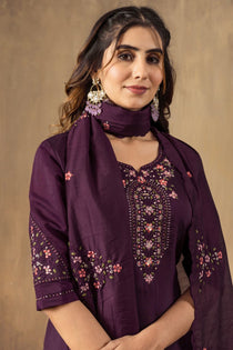 Mustard Roman Silk Embroidered Kurta Pant Dupatta Set