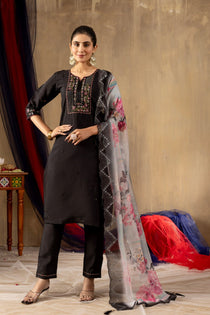 Rani Pink Roman Silk Embroidered Kurta Pant Dupatta Set