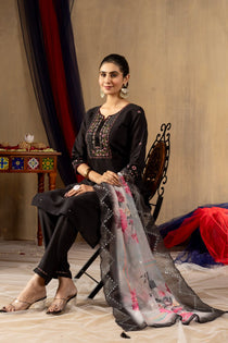 Rani Pink Roman Silk Embroidered Kurta Pant Dupatta Set