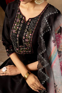 Rani Pink Roman Silk Embroidered Kurta Pant Dupatta Set