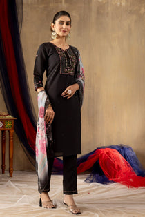 Rani Pink Roman Silk Embroidered Kurta Pant Dupatta Set