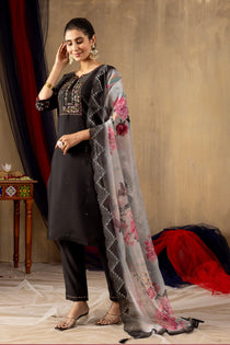 Rani Pink Roman Silk Embroidered Kurta Pant Dupatta Set