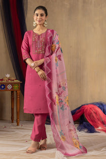 Rani Pink Roman Silk Embroidered Kurta Pant Set with Chanderi Silk Dupatta
