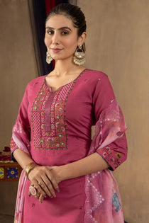 Rani Pink Roman Silk Embroidered Kurta Pant Dupatta Set