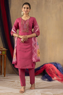 Rani Pink Roman Silk Embroidered Kurta Pant Dupatta Set