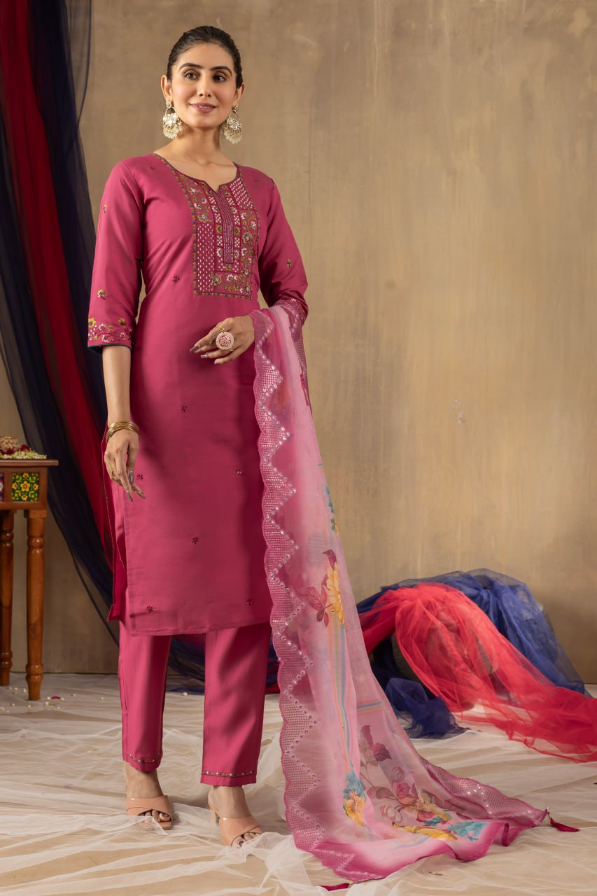 Rani Pink Roman Silk Embroidered Kurta Pant Dupatta Set Secondary image