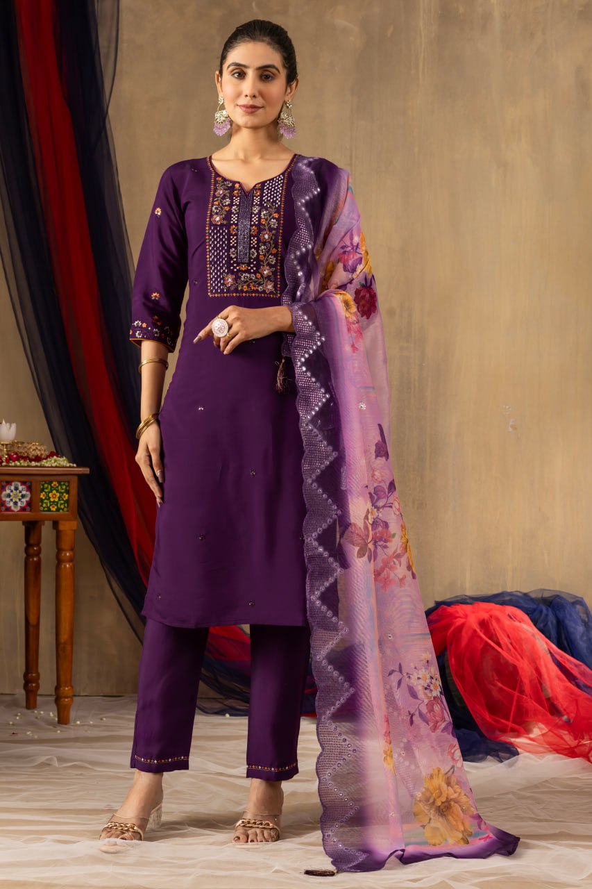 Elegant Thread Work Straight Kurti Pant Dupatta Set
