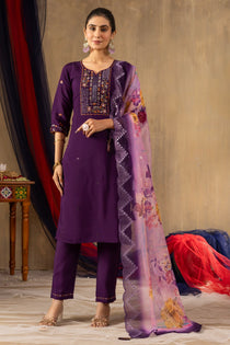Rani Pink Roman Silk Embroidered Kurta Pant Dupatta Set