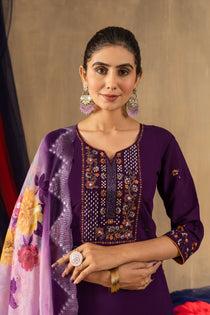 Rani Pink Roman Silk Embroidered Kurta Pant Dupatta Set