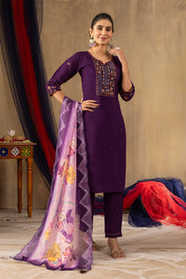 Rani Pink Roman Silk Embroidered Kurta Pant Dupatta Set