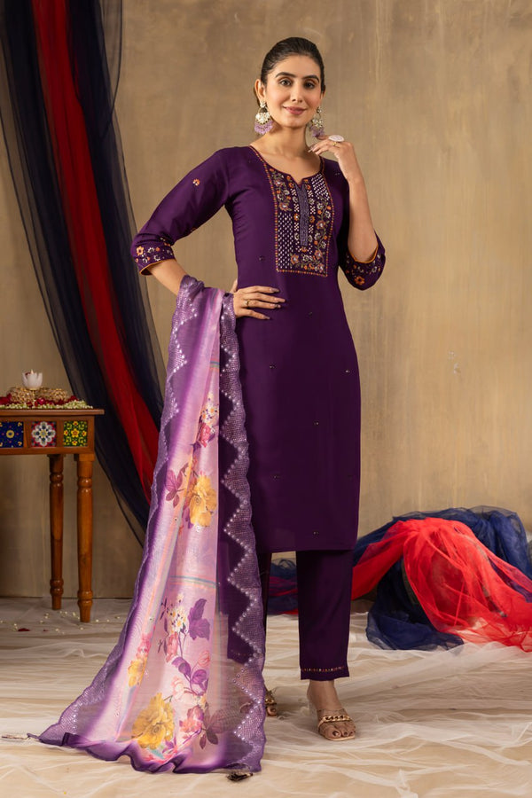 Elegant Thread Work Straight Kurti Pant Dupatta Set