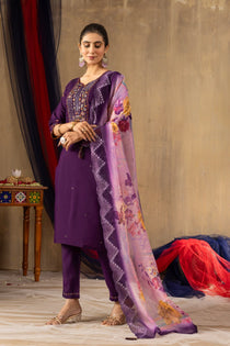 Rani Pink Roman Silk Embroidered Kurta Pant Dupatta Set