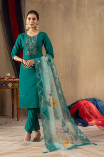Rani Pink Roman Silk Embroidered Kurta Pant Dupatta Set