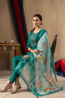 Rani Pink Roman Silk Embroidered Kurta Pant Dupatta Set