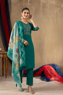 Rani Pink Roman Silk Embroidered Kurta Pant Dupatta Set