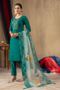 Rani Pink Roman Silk Embroidered Kurta Pant Dupatta Set