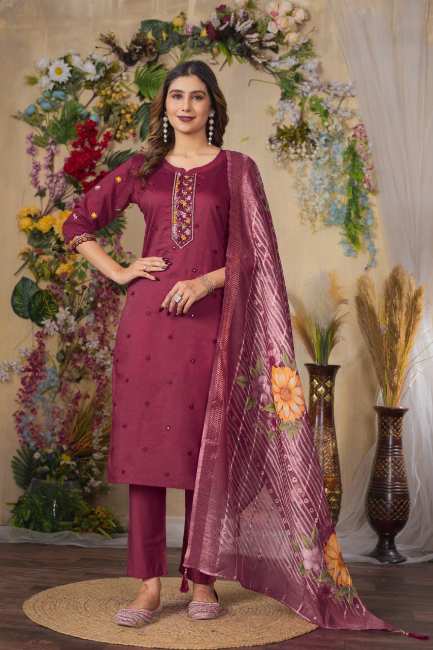Gorgeous Roman Silk Straight Kurti Pant Dupatta Set Main image