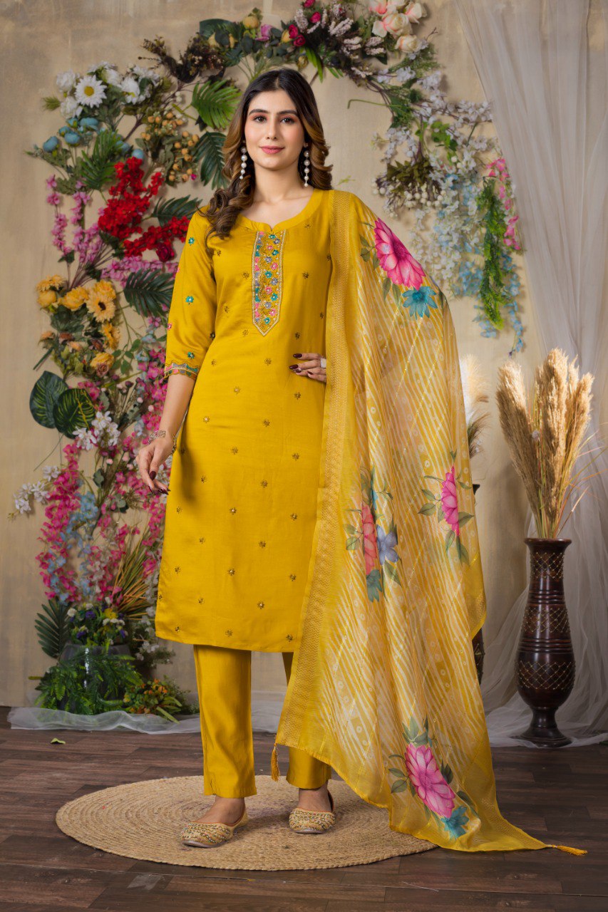 Gorgeous Roman Silk Straight Kurti Pant Dupatta Set