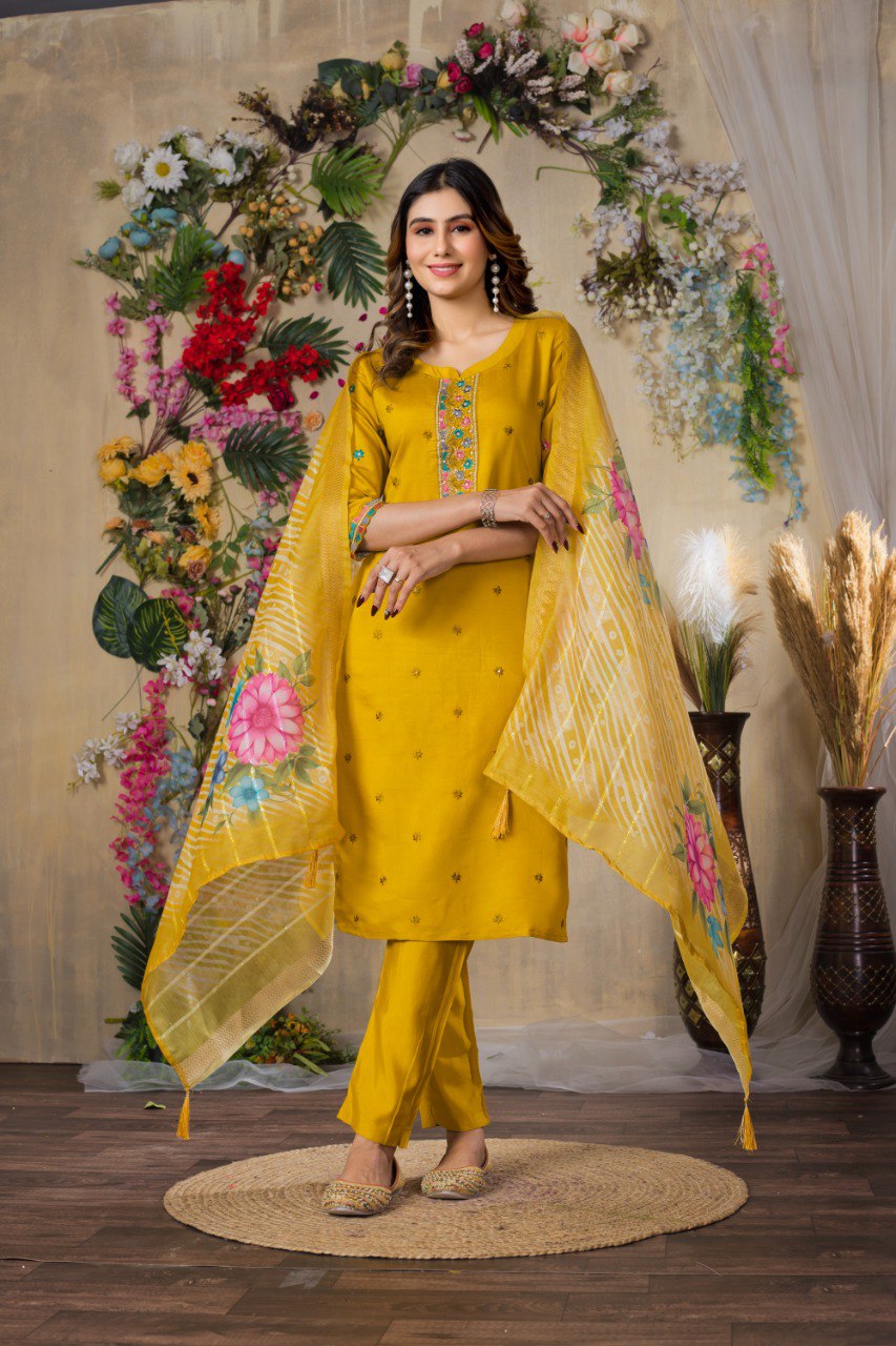 Gorgeous Roman Silk Straight Kurti Pant Dupatta Set