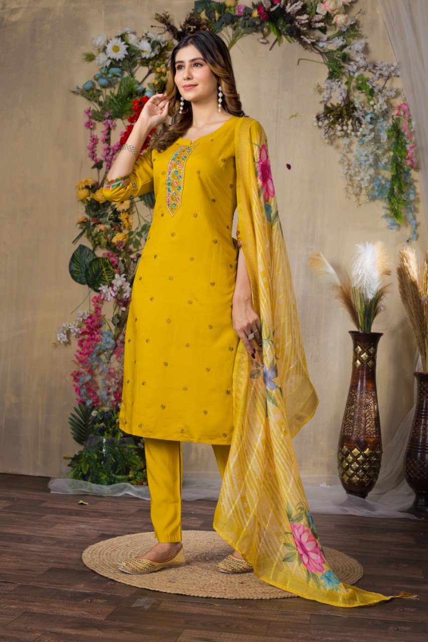 Gorgeous Roman Silk Straight Kurti Pant Dupatta Set