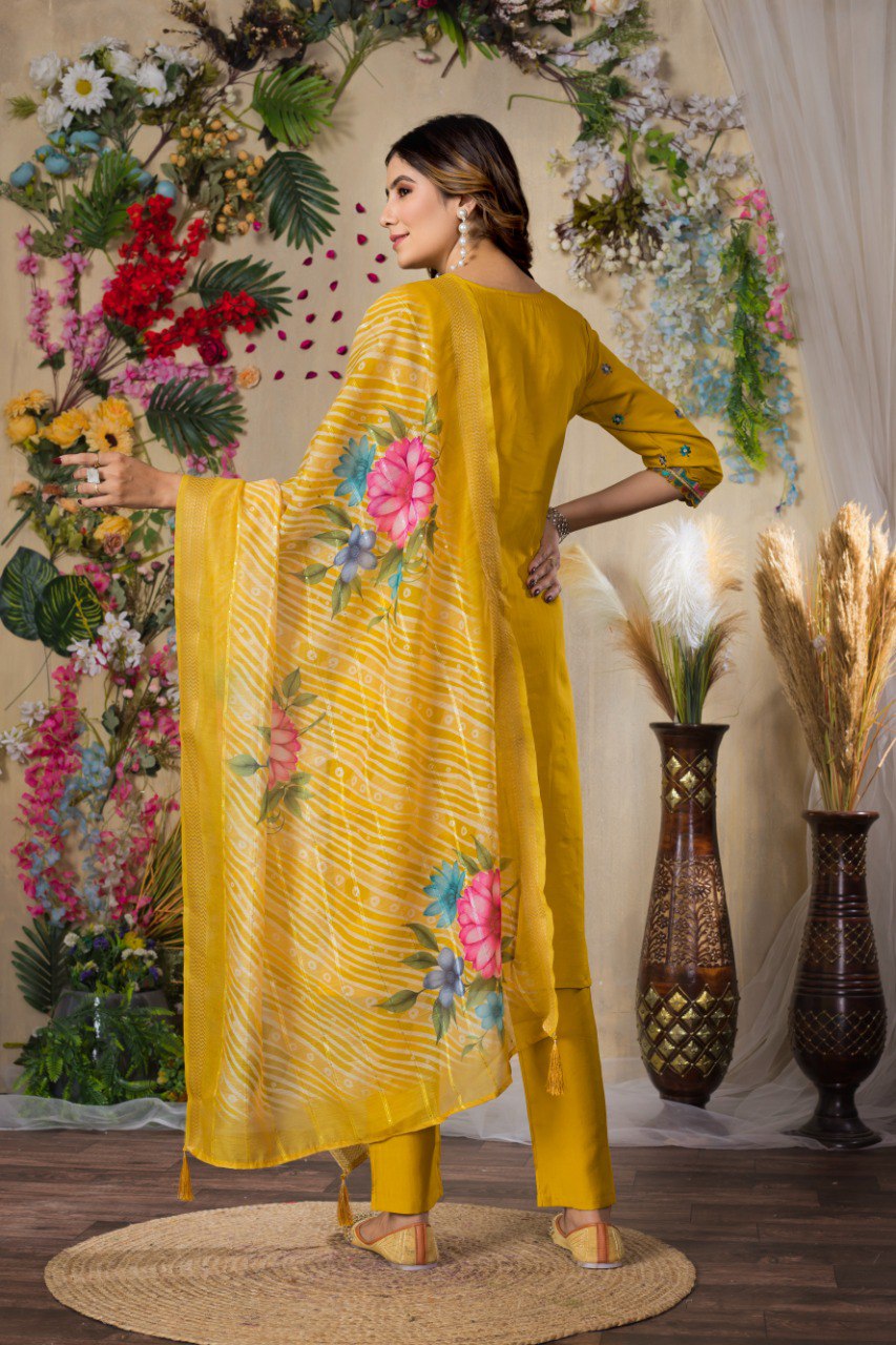 Gorgeous Roman Silk Straight Kurti Pant Dupatta Set