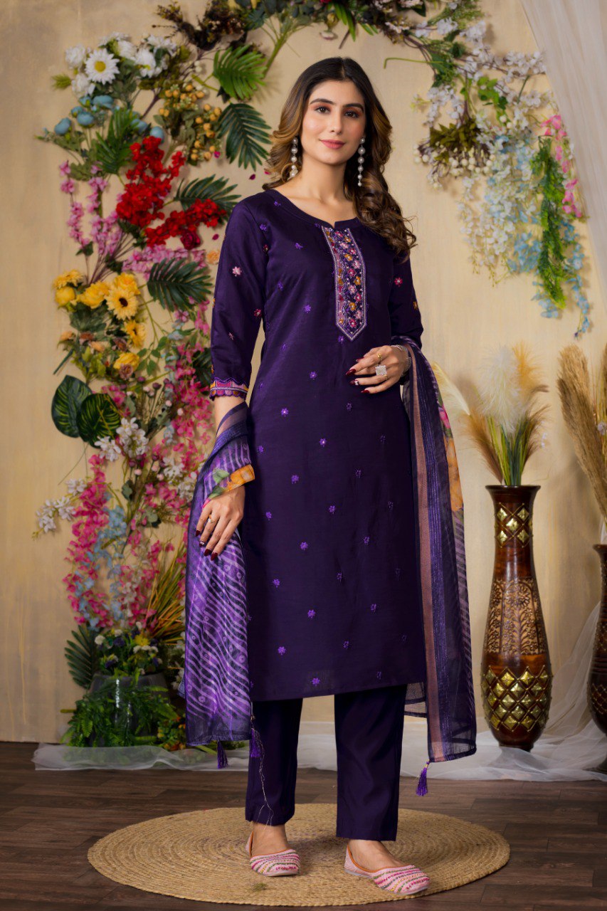 Gorgeous Roman Silk Straight Kurti Pant Dupatta Set