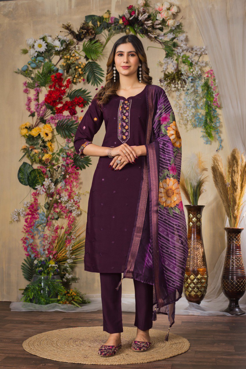 Gorgeous Roman Silk Straight Kurti Pant Dupatta Set