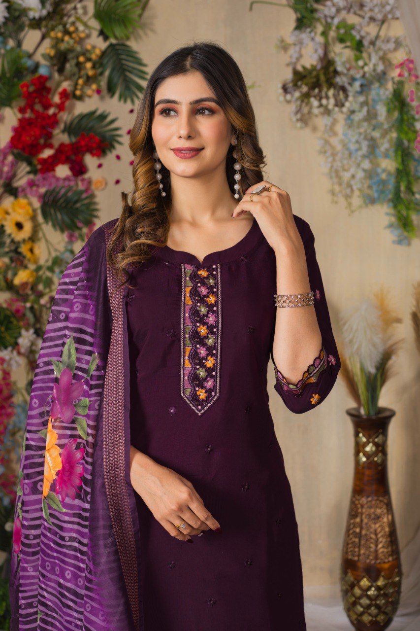 Gorgeous Roman Silk Straight Kurti Pant Dupatta Set