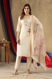 Off White Shimmer Gold Silk Embroidered Kurta Pant Set with Floral Printed Dupatta